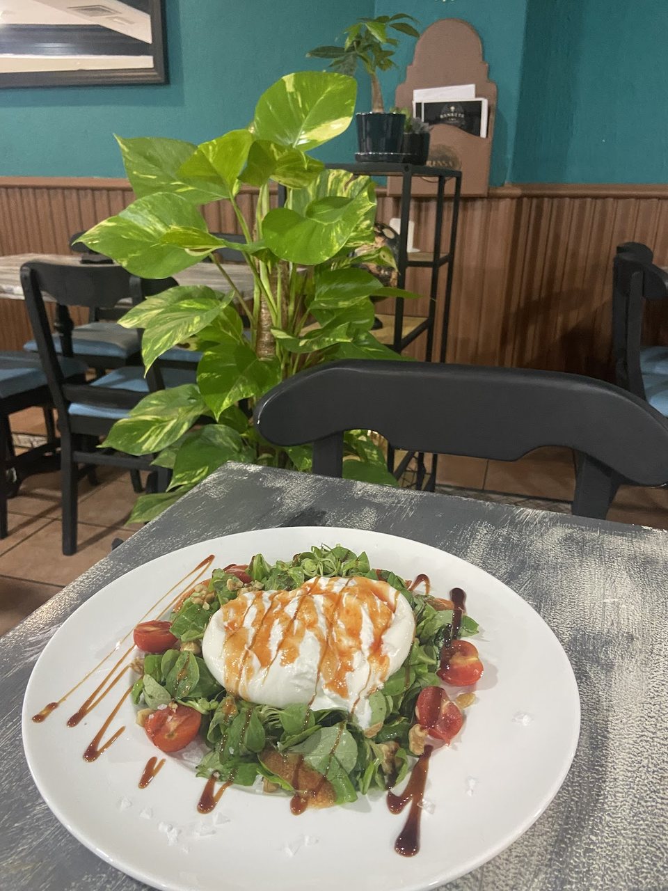 Plato de burrata fresca con rúcula y tomates cherry